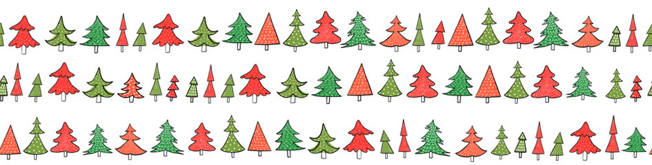 Red and Green Christmas Trees Seamless Vector Border, Cute Winter Tree Background, Minimal Holiday Pattern