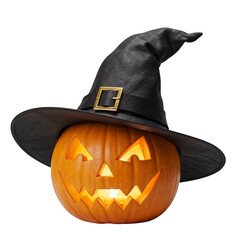 Spooky halloween jack-o-lantern wearing a witch hat glowing with an eerie orange light isolated on transparent background