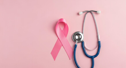 Pink ribbon and stethoscope symbolizing breast cancer awareness and healthcare support