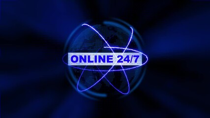 Futuristic Online 24/7 concept. Glowing holographic planet earth digital network with collaboration, innovation and corporate leadership. Business, technology and global connection background. - Powered by Adobe
