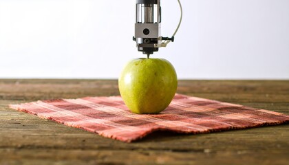 Green apple resting on a pink cloth atop a wooden surface near a water source