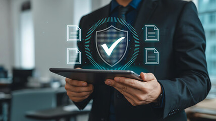 Businessman using tablet with digital security shield and documents overlay