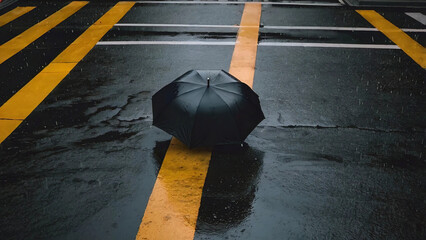 Black umbrella on wet pedestrian crossing, rain, top view.