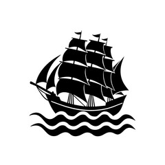 Silhouette of a sailing ship on the water on transparent background