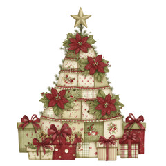 Clip art watercolor Festive patchwork Christmas tree with colorful gift boxes underneath. Quilted holiday decor illustration with star topper.Transparent Background