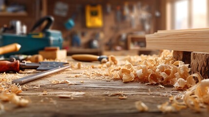 shavings. Wooden workbench with carpentry tools and a half-finished furniture piece, wood shavings scattered. safety posters.