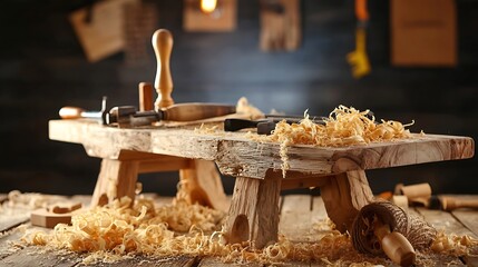 shavings. Wooden workbench with carpentry tools and a half-finished furniture piece, wood shavings scattered. safety posters.