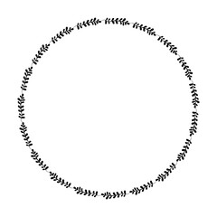 Hand drawn plants, dividers, wreaths, border frames. Circle floral frame with leaves on white background. Vector hand drawn illustration for wallpaper, posters, card. Copy space. Doodle style.