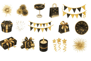 A Vibrant Collection of Golden and Black Celebration Elements Perfect for Festive Occasions and New Year's Eve Parties Featuring Gifts, Decorations, and Cheers. isolated on white or transparent png