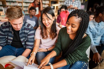 Diverse group of students studying together. Young adults in a library, sharing books and ideas, fostering a collaborative learning environment. Happy diverse high school students.