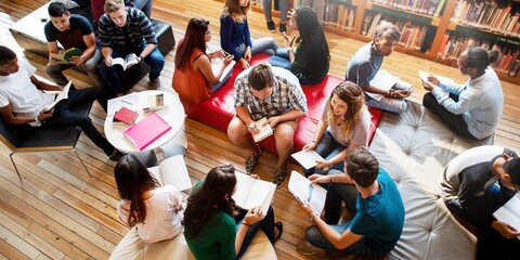 Diverse group of students studying in a library. Young adults reading, discussing, and collaborating. Cozy library setting with books and notebooks. High school students collaborating in library.
