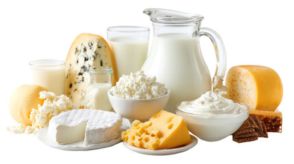 Assortment of dairy products including milk cheese and yogurt isolated on transparent background