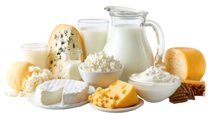 Assortment of dairy products including milk cheese and yogurt isolated on transparent background