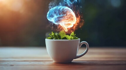 teacup. Steaming teacup with mint leaves forming brain-shaped glowing nebula above it. wellbeing guides, coaching materials, designed for mental health education and mindfulness programs.