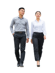 Fototapeta premium A man and woman in business attire walking together, isolated on transparent background