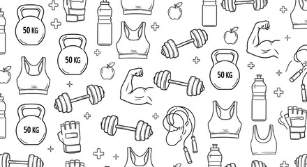 Seamless pattern featuring fitness and gym equipment isolated on white background