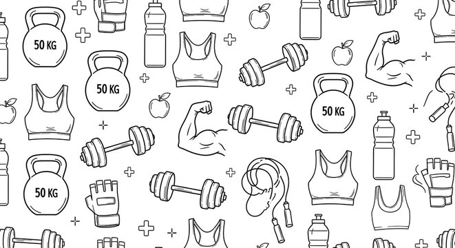 Seamless pattern featuring fitness and gym equipment isolated on white background - Powered by Adobe