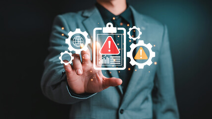 Businessman touching digital interface with risk assessment and safety icons