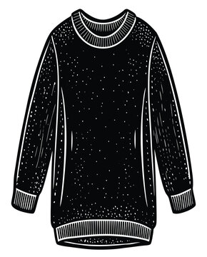 A detailed black and white illustration of a longline pullover sweater with a ribbed crew neck, cuffs, and hem, showcasing its textured fabric and relaxed silhouette, perfect for casual wear