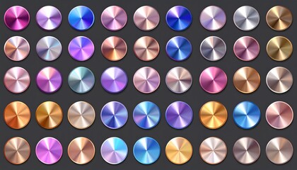 Metallic button collection featuring a gradient of radiant colors on a dark background