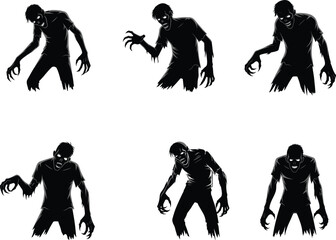 Scary Silhouette Zombie Vector Set for Halloween, Horror Concepts, Night Creatures, Undead Characters, and Spooky Design Themes