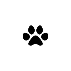 A solid black paw print with five oval toe pads on a stark white background