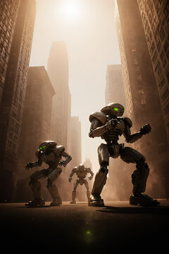 Alien combat robots are attacking the city.created with the help of artificial intelligence.