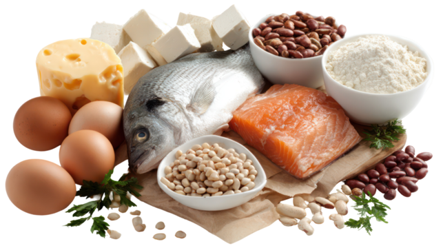 Assortment of protein rich foods isolated on transparent background