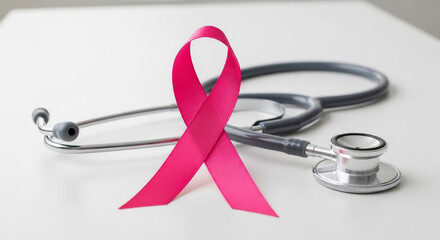 Hopeful pink ribbon and stethoscope symbolize breast cancer awareness and medical support