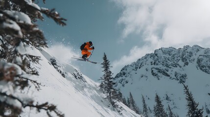 An exhilarating image displays a skier mid-air, leaping over a snowy ridge, showcasing winter sports in a mountain landscape.