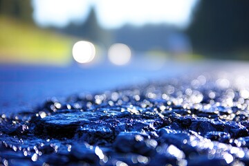 Asphalt texture; blurred lights, road, & trees in background