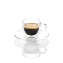 Double Wall Glass Espresso Cup with Crema and Reflection Isolated on White Background