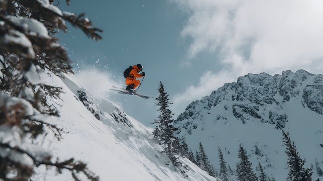 An exhilarating image displays a skier mid-air, leaping over a snowy ridge, showcasing winter sports in a mountain landscape.
