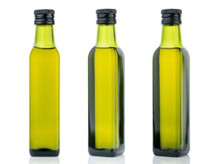 Olive oil in small green glass bottle isolated on white background. Olives. Oil. Healthy food.