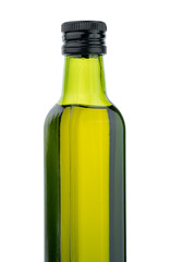 Olive oil in small green glass bottle isolated on white background. Olives. Oil. Healthy food.