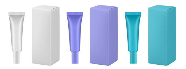 Set of white, purple and blue plastic tubes and boxes. Realistic mockup. Ointment or salve. Gel serum. Korean packaging. Blank cardboard package