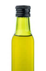 Olive oil in small green glass bottle isolated on white background. Olives. Oil. Healthy food.