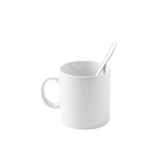 Plain White Ceramic Mug with Tea Spoon Isolated on a Pure White Background