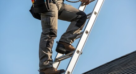 Construction worker in protective gear stepping on ladder during roof installation under clear blue sky, representing professionalism and safety