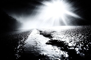 Pavement reflects bright light in the rain, dark landscape