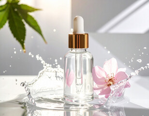 Serum Bottle with Water Splash Against Mountainscape