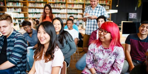 Diverse group of young adults in a library setting, smiling and engaged. Students of various ethnicities, including Asian and Caucasian, enjoying a group activity. International high school students.