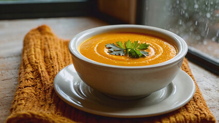 A bowl of healthy hot pumpkin carrot soup at home, cozy rainy window, autumn leaves, fall, winter