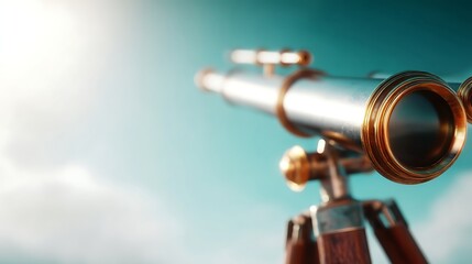 An antique brass telescope pointed towards a clear blue sky, representing Strategic Foresight, Long-Term Planning, and the need for clear Vision in Corporate Strategy and Investment Analysis.