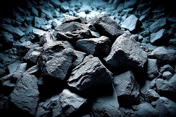 Pile of rough, gray rocks under dramatic, dark lighting
