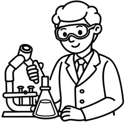 Scientist in Lab Coat Conducting Experiment with Microscope and Flask - Black and White Line Art