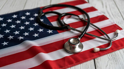 Stethoscope resting on american flag symbolizing healthcare in the united states