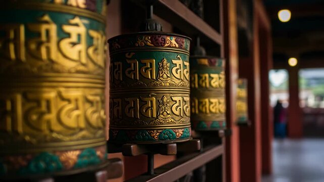 Spinning buddhist prayer wheels with golden scripture and buddha iconography on a temple wall, a serene spiritual practice footage.