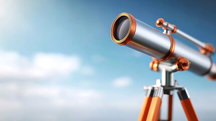 tripod. An antique brass telescope pointed towards a clear blue sky. mobility guides, transit brochures, designed for transport & logistics marketing, used by account managers.