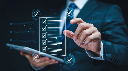 Businessman interacting with a digital checklist on a futuristic interface